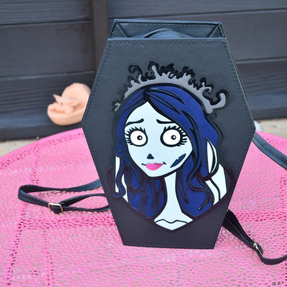 new Corpse Bride Emily LARGE 3D HOLOGRAPHIC Leather Large Coffin BAG Backpack - Picture 3 of 13